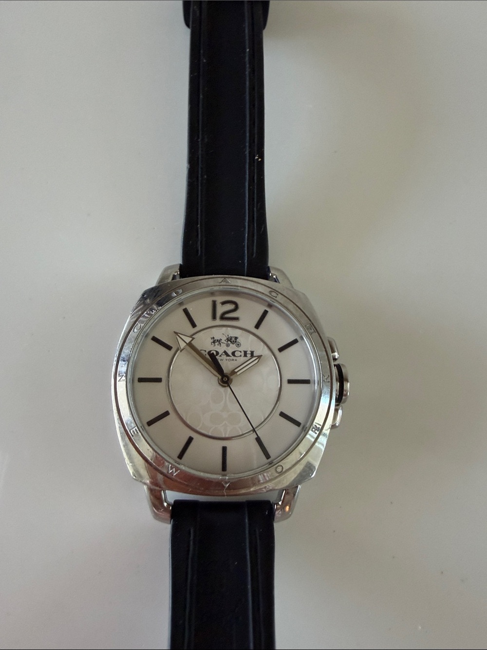 Coach Silver and White Round Dial Watch with Black Strap ….Water Resistant!